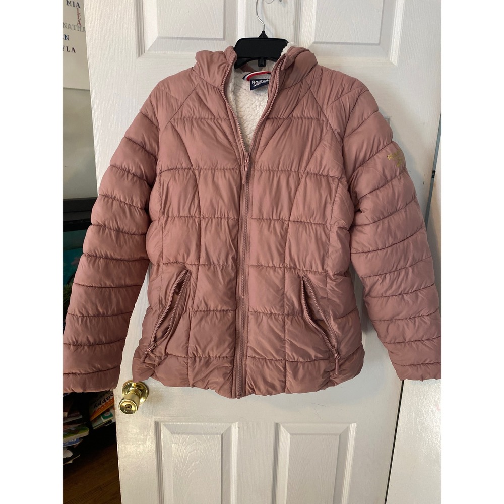 Reebok Womens Hooded Puffer Jacket Dusty Rose Pink Sherpa Lined Size Large